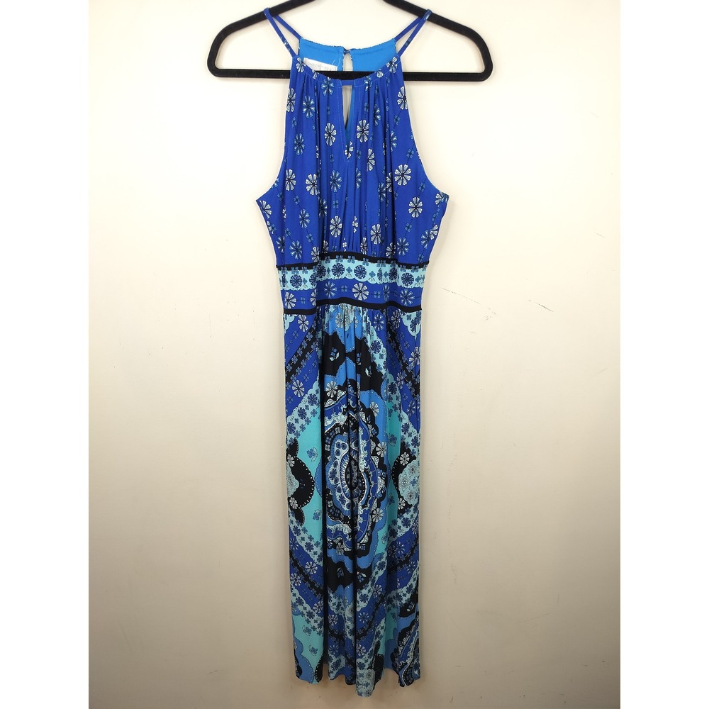 London Times Maxi Dress Womens 10 Halter Paisley Floral Blue Sleeveless